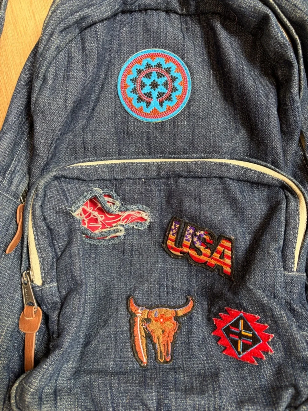Rare Steve Madden Denim Patch Backpack Blue Red Bandana USA Aztec $108 unisex